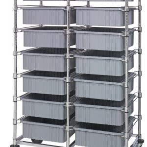 The Quantum Bin Cart is a utilitarian, mobile storage solution with a chrome-plated finish, featuring a double bay design and 14 gray bins (22-1/2L x 17-1/2W x 6H, DG93060) arranged in three columns on swivel wheels for easy movement. Dimensions: 24W x 40L x 69H.