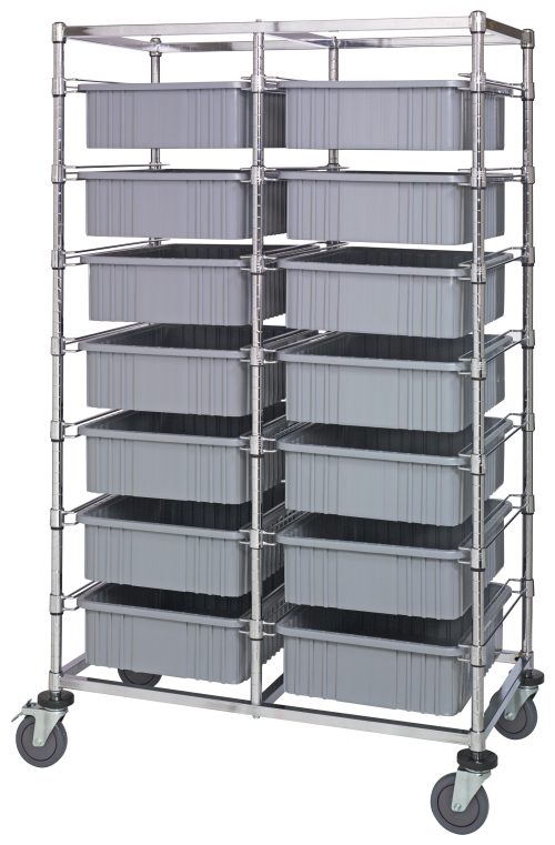 The Quantum Bin Cart is a utilitarian, mobile storage solution with a chrome-plated finish, featuring a double bay design and 14 gray bins (22-1/2L x 17-1/2W x 6H, DG93060) arranged in three columns on swivel wheels for easy movement. Dimensions: 24W x 40L x 69H.