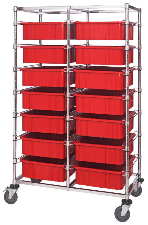 The Quantum Bin Cart is a mobile double bay storage rack, measuring 24W x 40L x 69H, with wheels for easy transport. It includes 14 red plastic bins (22-1/2L x 17-1/2W x 6H), offering efficient storage and effortless mobility with a chrome-plated finish.