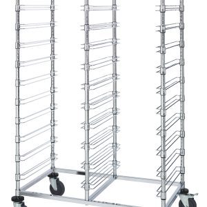 The Quantum Bin Cart is a mobile double bay cart measuring 24W x 40L x 69H, featuring a chrome-plated finish and slides for 22 bin levels. It provides effortless mobility with four swivel caster wheels, making it ideal for kitchens or bakeries.
