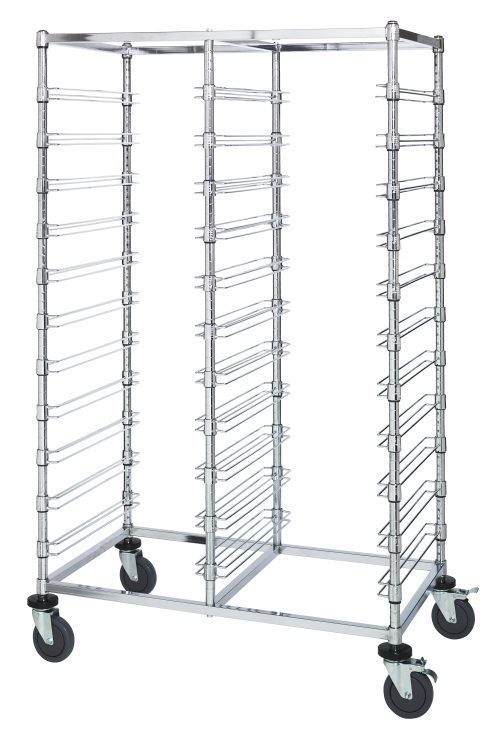 The Quantum Bin Cart is a mobile double bay cart measuring 24W x 40L x 69H, featuring a chrome-plated finish and slides for 22 bin levels. It provides effortless mobility with four swivel caster wheels, making it ideal for kitchens or bakeries.
