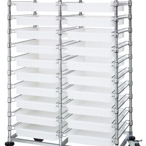 The Quantum Bin Cart is a mobile, double-bay rack, 24W x 40L x 69H, with a chrome-plated finish. It includes (22) clear bins and features multiple sliding shelves supported by sturdy poles with caster wheels for easy transport. It ships knocked down (KD).