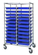 The Quantum Bin Cart is a mobile, chrome-plated cart featuring double bays and equipped with 22 blue bins. Measuring 24W x 40L x 69H, the cart has four wheels for easy transport and efficiently organizes items. Bins measure 22-1/2L x 17-1/2W x3H. Ships knocked down (Kd).