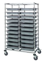 The Quantum Bin Cart, measuring 24W x 40L x 69H, includes 22 gray bins sized 22.5L x 17.5W x 3H. With its chrome-plated finish and four wheels, this double bay cart ensures easy storage and transport.