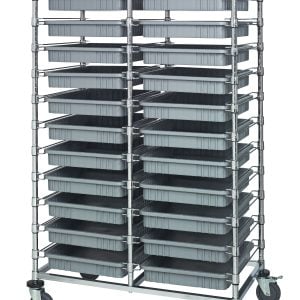 The Quantum Bin Cart, measuring 24W x 40L x 69H, includes 22 gray bins sized 22.5L x 17.5W x 3H. With its chrome-plated finish and four wheels, this double bay cart ensures easy storage and transport.