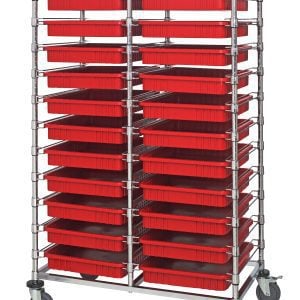 The Quantum Bin Cart is a mobile double bay unit (24W x 40L x 69H) featuring 22 red bins (22-1/2L x 17-1/2W x 3H, DG93030) and a chrome plated finish. It provides ample storage space with shelves on four wheels and arrives disassembled.