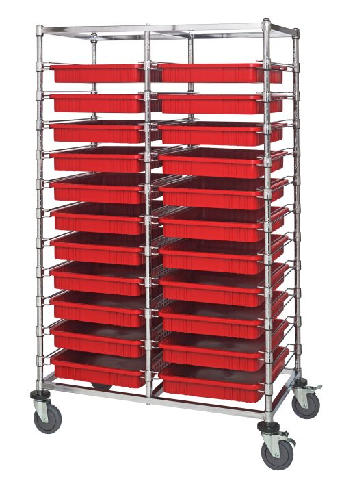 The Quantum Bin Cart is a mobile double bay unit (24W x 40L x 69H) featuring 22 red bins (22-1/2L x 17-1/2W x 3H, DG93030) and a chrome plated finish. It provides ample storage space with shelves on four wheels and arrives disassembled.