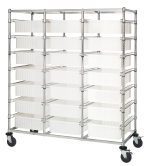 The Quantum Bin Cart, a large mobile unit with a chrome finish, features three tiers of white storage bins. This 24W x 60L x 69H triple bay design includes (21) clear DG93060 bins measuring 22-1/2L x 17-1/2W x 6H, ideal for organizing or transporting items.