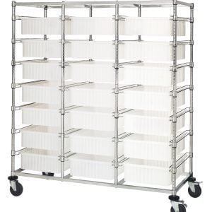 The Quantum Bin Cart, a large mobile unit with a chrome finish, features three tiers of white storage bins. This 24W x 60L x 69H triple bay design includes (21) clear DG93060 bins measuring 22-1/2L x 17-1/2W x 6H, ideal for organizing or transporting items.
