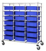 The Quantum Bin Cart is a mobile, triple-bay unit with chrome-plated finish, measuring 24W X 60L X 69H. It includes 21 blue bins (22-1/2L X 17-1/2W X 6H), enhancing its simple, industrial design. Ships knocked down.