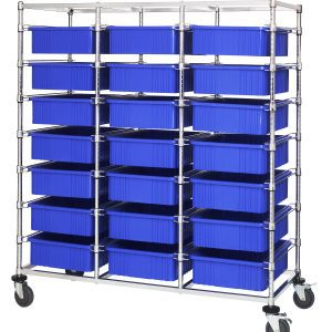The Quantum Bin Cart is a mobile, triple-bay unit with chrome-plated finish, measuring 24W X 60L X 69H. It includes 21 blue bins (22-1/2L X 17-1/2W X 6H), enhancing its simple, industrial design. Ships knocked down.