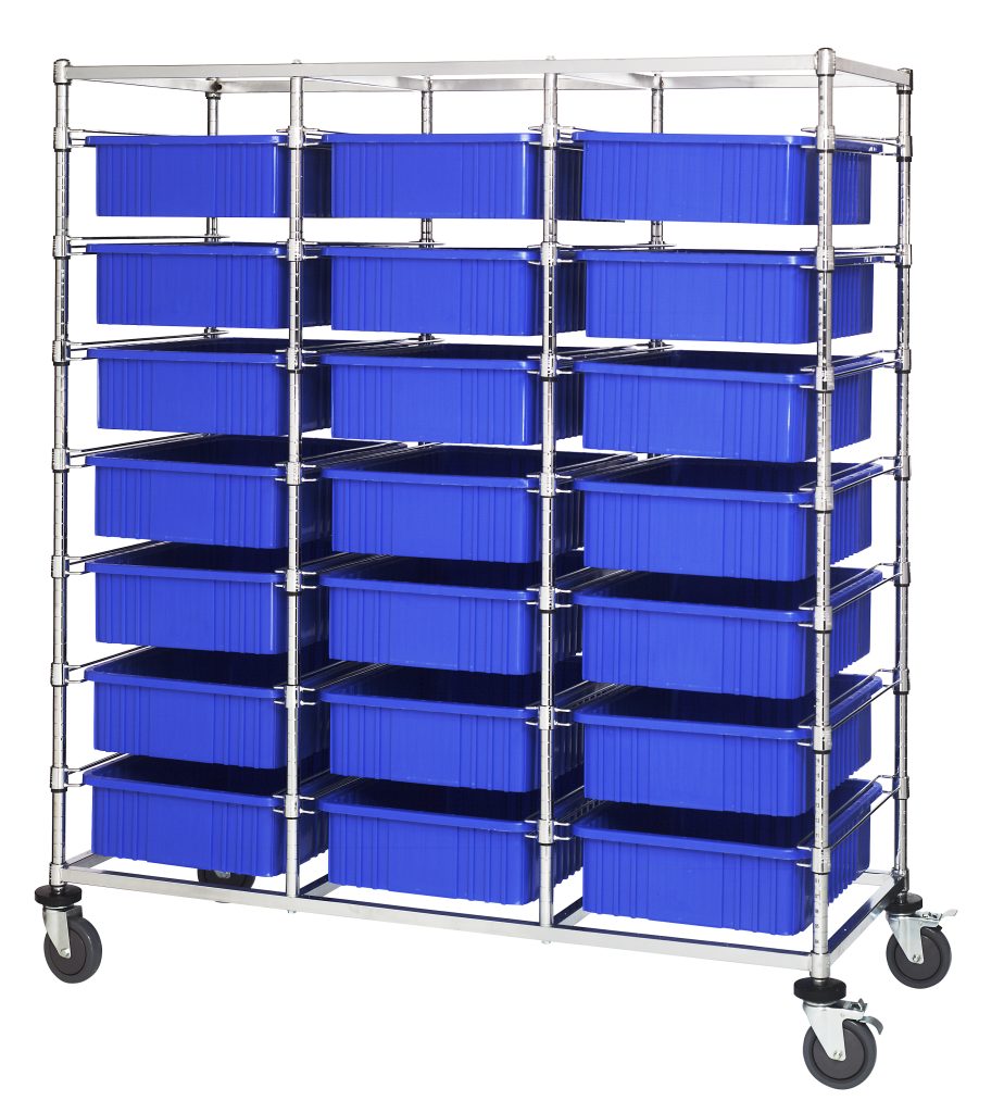Triple bay bin cart with twenty-one blue dividable grid containers