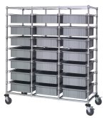 The Quantum Bin Cart, a mobile triple bay unit, measures 24W x 60L x 69H and includes 21 gray bins (22-1/2L x 17-1/2W x 6H). It features a chrome-plated finish and is shipped knocked down for easy mobility and organization.