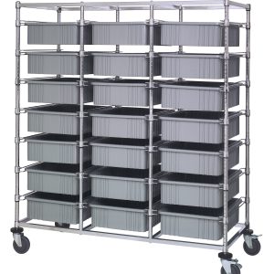 The Quantum Bin Cart, a mobile triple bay unit, measures 24W x 60L x 69H and includes 21 gray bins (22-1/2L x 17-1/2W x 6H). It features a chrome-plated finish and is shipped knocked down for easy mobility and organization.