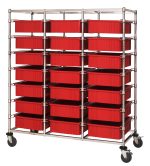 The Quantum Bin Cart is a chrome-plated mobile triple bay unit, 24W x 60L x 69H, featuring wheels for easy movement. It includes (21) 22-1/2L x 17-1/2W x 6H red bins and is perfect for efficient organization or storage of items. Shipped knocked down (KD).