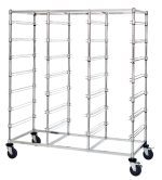 A tall chrome-plated Quantum Bin Cart with wheels features a triple bay design, measures 24W x 60L x 69H, includes slides for 21 black bins, and is shipped KD.