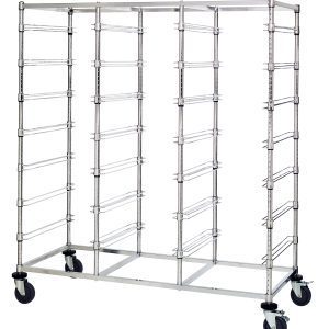 A tall chrome-plated Quantum Bin Cart with wheels features a triple bay design, measures 24W x 60L x 69H, includes slides for 21 black bins, and is shipped KD.