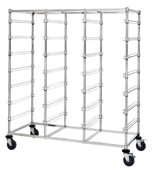 A tall chrome-plated Quantum Bin Cart with wheels features a triple bay design, measures 24W x 60L x 69H, includes slides for 21 black bins, and is shipped KD.