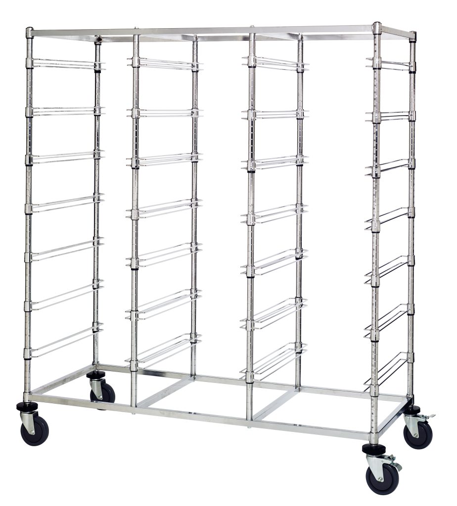 Empty triple bay bin cart frame with slides for twenty-one bin levels