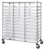 The Quantum Bin Cart, Mobile, Triple Bay features a 24W x 60L x 69H chrome-plated metal rack with 33 clear bins (22.5L x 17.5W x 3H). Mounted on four caster wheels for easy mobility, its open design is perfect for efficient storage and organization. Shipped KD (knocked down).