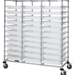The Quantum Bin Cart, Mobile, Triple Bay features a 24W x 60L x 69H chrome-plated metal rack with 33 clear bins (22.5L x 17.5W x 3H). Mounted on four caster wheels for easy mobility, its open design is perfect for efficient storage and organization. Shipped KD (knocked down).