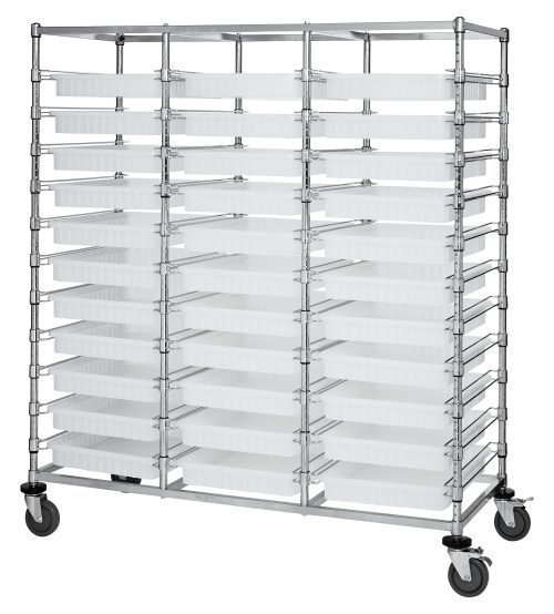 The Quantum Bin Cart, Mobile, Triple Bay features a 24W x 60L x 69H chrome-plated metal rack with 33 clear bins (22.5L x 17.5W x 3H). Mounted on four caster wheels for easy mobility, its open design is perfect for efficient storage and organization. Shipped KD (knocked down).