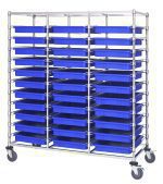 The Quantum Bin Cart is a mobile, triple-bay storage rack with a chrome-plated finish and 33 DG93030 blue bins measuring 22.5L x 17.5W x 3H. It features dimensions of 24W x 60L x 69H and is supported on wheels for easy mobility, shipped knocked down (KD).