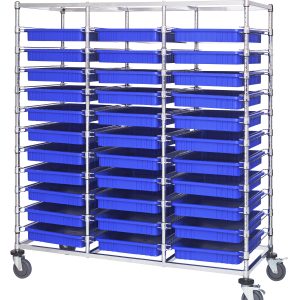 The Quantum Bin Cart is a mobile, triple-bay storage rack with a chrome-plated finish and 33 DG93030 blue bins measuring 22.5L x 17.5W x 3H. It features dimensions of 24W x 60L x 69H and is supported on wheels for easy mobility, shipped knocked down (KD).