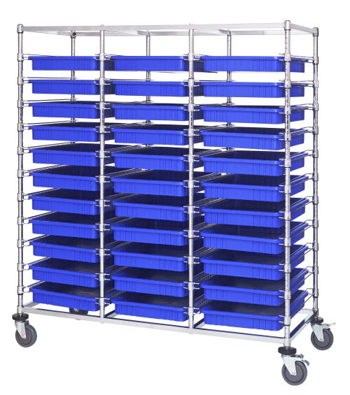 BC1-2169M2 DG93030BL The Quantum Bin Cart is a mobile, triple-bay storage rack with a chrome-plated finish and 33 DG93030 blue bins measuring 22.5L x 17.5W x 3H. It features dimensions of 24W x 60L x 69H and is supported on wheels for easy mobility, shipped knocked down (KD).