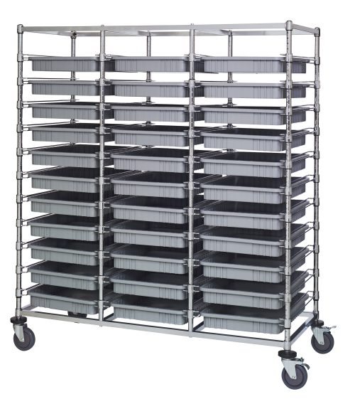 BC1-2169M2 DG93030GY The Quantum Bin Cart is a mobile, triple-bay rack measuring 24W x 60L x 69H with a chrome-plated finish. It includes thirty-three gray bins (22.5L x 17.5W x 3H each) and features four caster wheels for easy movement, making it an ideal storage solution with its sleek, industrial design.