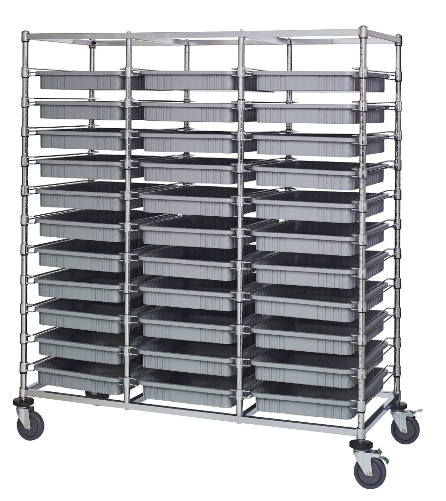 Triple bay bin cart with thirty-three gray shallow dividable grid containers