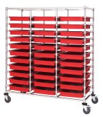 The Quantum Bin Cart, a mobile triple bay measuring 24W x 60L x 69H, comes with wheels for easy movement and includes thirty-three DG93030 red bins (22-1/2L x 17-1/2W x 3H) for versatile storage, finished in chrome.