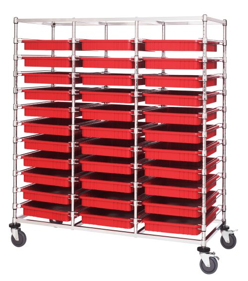 BC1-2169M2 DG93030RD The Quantum Bin Cart, a mobile triple bay measuring 24W x 60L x 69H, comes with wheels for easy movement and includes thirty-three DG93030 red bins (22-1/2L x 17-1/2W x 3H) for versatile storage, finished in chrome.