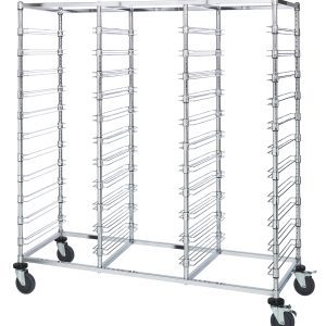 The Quantum Bin Cart is a versatile, mobile, triple-bay rack with a chrome-plated finish. Measuring 24W x 60L x 69H, it includes slides for 33 black bins and four swivel casters for easy mobility. Ideal as a bin cart solution. Shipped KD (knocked down).