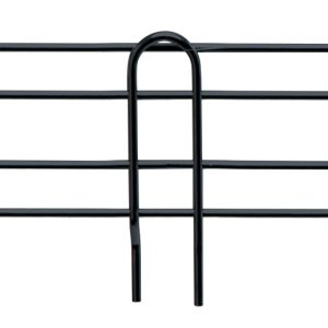 The Quantum Back Ledge, 48W x 4H, features a black metal wire rack with an antimicrobial epoxy finish, two horizontal bars with elegantly looped ends, and three vertical supports, creating a minimalistic ledge against a white backdrop.