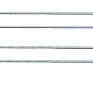 The Quantum Back Ledge, 54W x 4H, is made of 304 stainless steel and features two parallel rods connected by five vertical U-shaped bends. It has looped ends, offering a sleek and minimalistic industrial design.