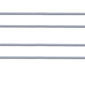 The Quantum Back Ledge, measuring 72W x 4H, has a gray epoxy antimicrobial finish featuring three parallel horizontal bars and two vertical loops at each end. It includes evenly spaced vertical supports connecting the horizontal bars.