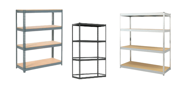 Three metal shelving units are displayed. The left and right units have wooden shelves with a gray metal frame, while the center unit has a black metal frame with no shelves installed.