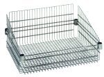 The Quantum Basket is a chrome plated, post-mount organizer tray with two tiers measuring 18W x 24L x 10H. It features horizontal and vertical wires with side metal connectors and includes four split sleeves. Each basket supports up to an 800 lb load and is designed for easy stacking of additional trays.
