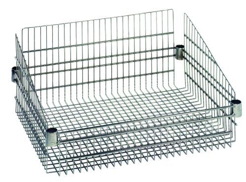 The Quantum Basket is a chrome plated, post-mount organizer tray with two tiers measuring 18W x 24L x 10H. It features horizontal and vertical wires with side metal connectors and includes four split sleeves. Each basket supports up to an 800 lb load and is designed for easy stacking of additional trays.