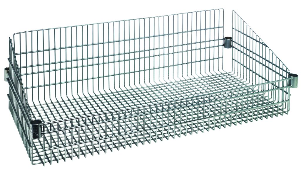 Chrome wire pick baskets with removable dividers stacked for parts storage