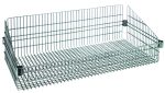 The Quantum Basket is a chrome-plated, rectangular, silver wire basket with raised sides and an open grid design. It measures 18W x 36L x 10H, boasting an 800 lb. load capacity per basket and includes (4) split sleeves for attachment or stacking.