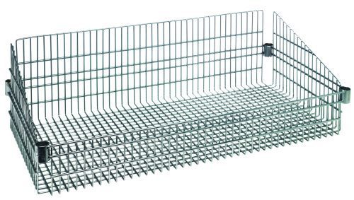 BSK1836 The Quantum Basket is a chrome-plated, rectangular, silver wire basket with raised sides and an open grid design. It measures 18W x 36L x 10H, boasting an 800 lb. load capacity per basket and includes (4) split sleeves for attachment or stacking.