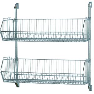 The Quantum Cantilever Baskets Post Wall Mount features two wire baskets, each 36W x 14D, with angled vertical bars for organization. Includes two 34 posts and four wall mounts. Its chrome-plated finish makes it ideal for home or office use.