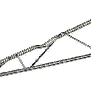 This Quantum Cantilever Single Shelf Post Wall Mount, made of 304 stainless steel, features a silver metal triangular rack with two hooks on the upper edge and a cylindrical holder on the right. Its angular lines provide support and its NSF-approved for reliable use.