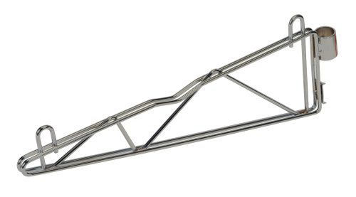 CB18S.jpg This Quantum Cantilever Single Shelf Post Wall Mount, made of 304 stainless steel, features a silver metal triangular rack with two hooks on the upper edge and a cylindrical holder on the right. Its angular lines provide support and its NSF-approved for reliable use.