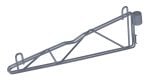 The Quantum Cantilever Single Shelf Post Wall Mount, featuring a gray metal truss with intersecting bars, includes (2) 12 single post cantilever arms and (4) post mount brackets. It is finished in gray epoxy antimicrobial coating, with a cylindrical attachment on one end and a loop on the other.