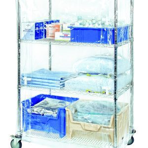 The Quantum Wire Cart Cover is a 10-gauge clear-vinyl cover with a Velcro flap, designed for easy access and neat organization of items like trays, linens, and supplies. It fits carts measuring 18D x 36W x 63H and rolls smoothly on four wheels. Note: This item is non-returnable.