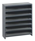 The Quantum Shelving Unit, closed and measuring 12D x 36L x 39H, features seven shelves with a heavy-duty design supporting up to 400 lbs per shelf. Made of galvanized steel, its industrial and minimalistic style offers effortless organization for any space.