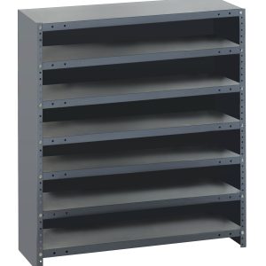 The Quantum Shelving Unit, closed and measuring 12D x 36L x 39H, features seven shelves with a heavy-duty design supporting up to 400 lbs per shelf. Made of galvanized steel, its industrial and minimalistic style offers effortless organization for any space.